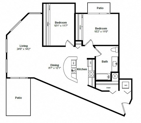 Floor plan for 2 beds, 1 bath, 1129 sqft